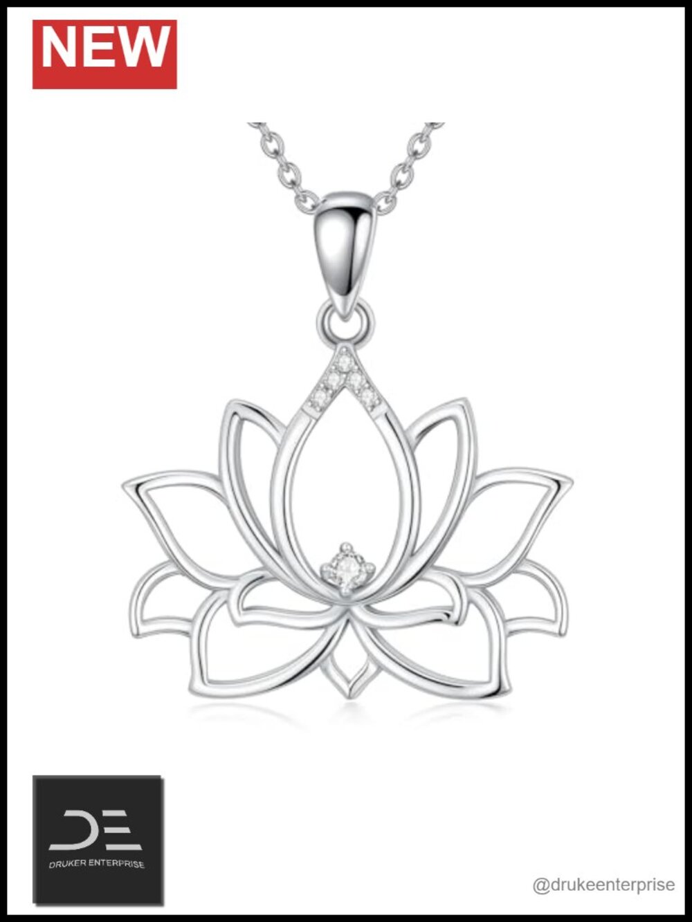 Sterling Silver Lab Grown Diamond Lotus Flower Pendant Necklace for Women